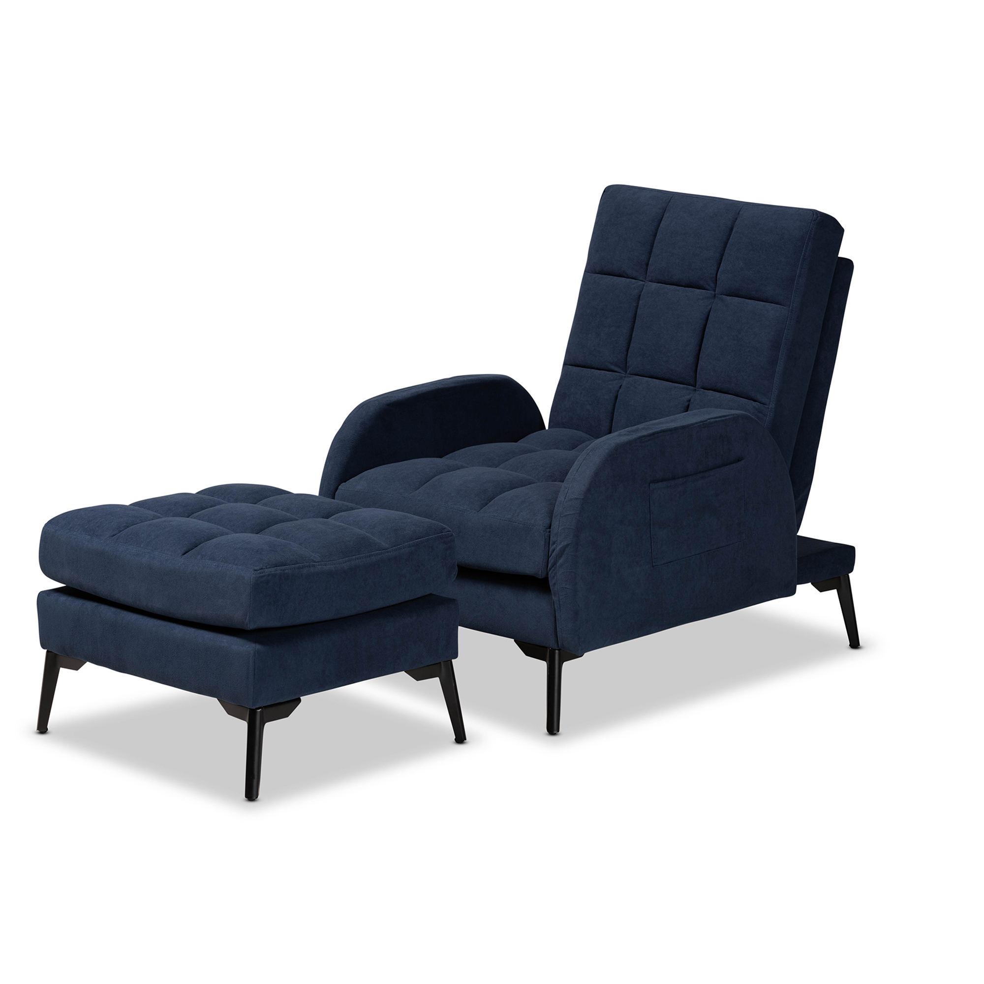 navy blue armchair with ottoman