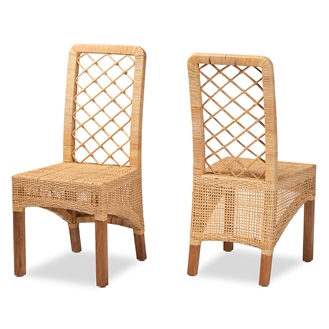 Baxton Studio Moscow Modern Bohemian Natural Brown Rattan and Walnut Brown Finished Wood 2-Piece Dining Chair Set