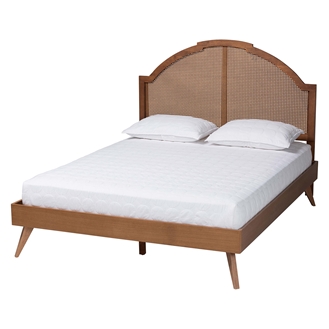 Baxton Studio Ridgely Mid-Century Walnut Brown Wood and Rattan Queen Size Platform Bed