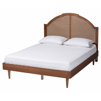 Baxton Studio Mendel Mid-Century Walnut Brown Wood and Rattan King Size Platform Bed