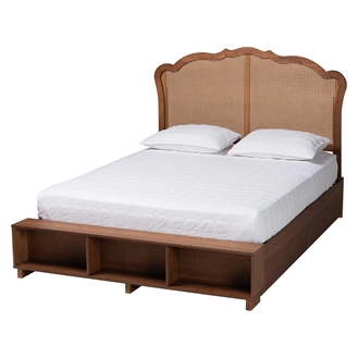 Baxton Studio Latrell Mid-Century Walnut Brown Wood and Rattan Queen Size Storage Bed