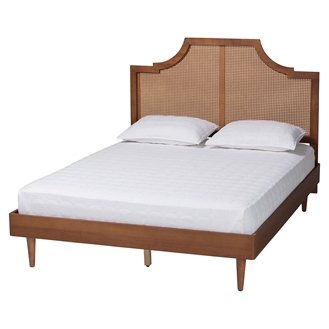 Baxton Studio Macaria Mid-Century Modern Ash Walnut Woven Rattan Queen Size Bed