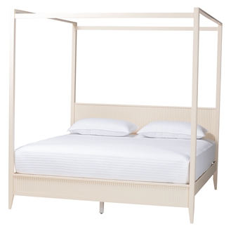 Baxton Studio Primrose Mid-Century Ivory Fluted Wood King Size Canopy Bed