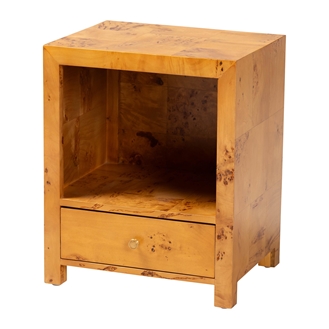 bali & pari Camira Modern and Contemporary Natural Light Mappa Burl Wood 1-Drawer Nightstand