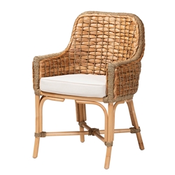 bali & pari Kyle Modern Bohemian Natural Brown Woven Rattan Dining Arm Chair with Cushion Baxton Studio restaurant furniture, hotel furniture, commercial furniture, wholesale dining room furniture, wholesale dining chairs, classic dining chairs